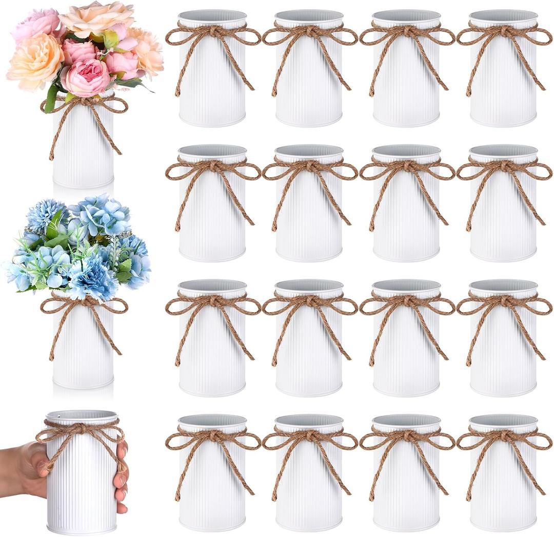 16 Pcs High Farmhouse Vase Decor 4.3" Metal Flower Vases Iron Rustic With Twine Small Bulk Centerpieces for Table Weddings Home Office Decoration Flower Arrangement (White)