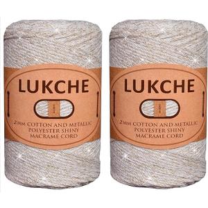 2mm Cotton Sparkle Macrame Cord 224 Meters, Colorful Crochet Macrame Cord for Wall Hangings, Bags, Plant Holders, Rugs, Polypropylene Rope (2 Skein, Cream Gold)