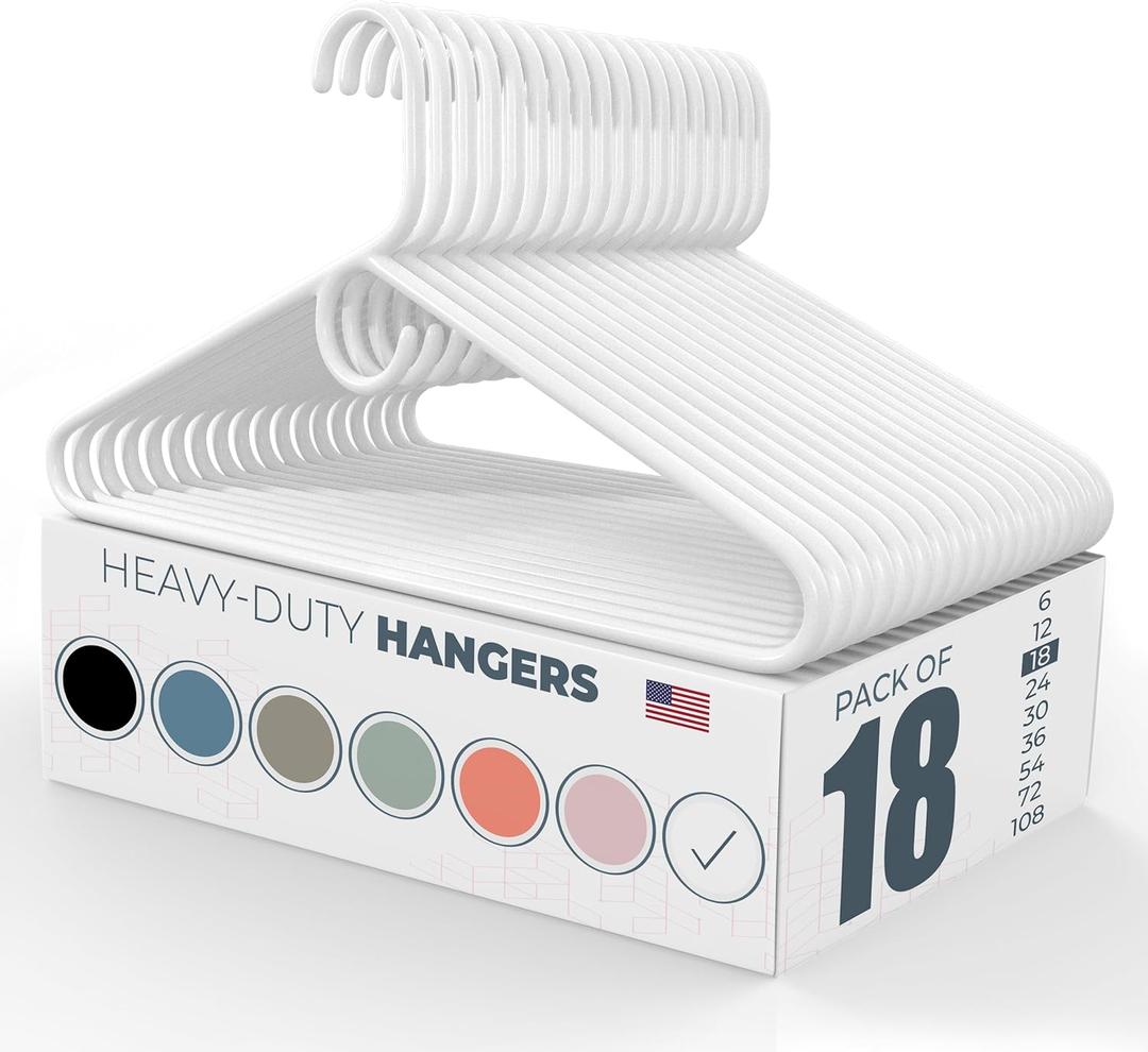 Made in USA Heavy Duty Clothes Hangers Strong Plastic Hangers for Jackets, Coats, Closet and Clothing (18pk White)
