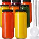 8 Pack Glass Juice Bottles with 8 Airtight Lids & 2 Straw Hole Lids & 2 Straws - 16OZ Travel Juicing Jars, Drinking Water Cups - Reusable Tall Mason Jar for Juice, Bubble Tea, Smoothie, Kombucha