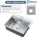 IKEBANA 24 x 18 Inch Brushed Nickel Kitchen Sink Drop in, 16 Gauge Stainless Steel Wet Bar Sink Topmount Single Bowl Small Kitchen Sinks, Outdoor RV Prep Sinks With Dish Grid& Drain