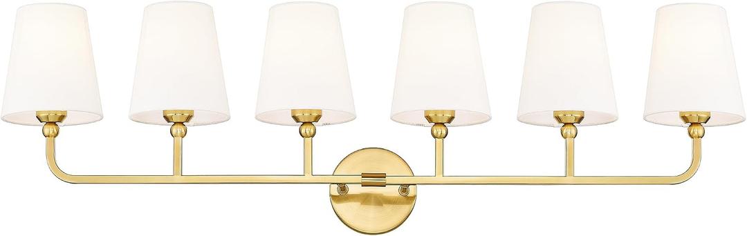 Bathroom Light Fixtures, 42 Inch Brushed Gold Vanity Lights with Flared White Fabric Shade, 6-Light Wall Sconce, Modern Sconces Wall Lighting for Hallway Bedroom, VL837-BG-6