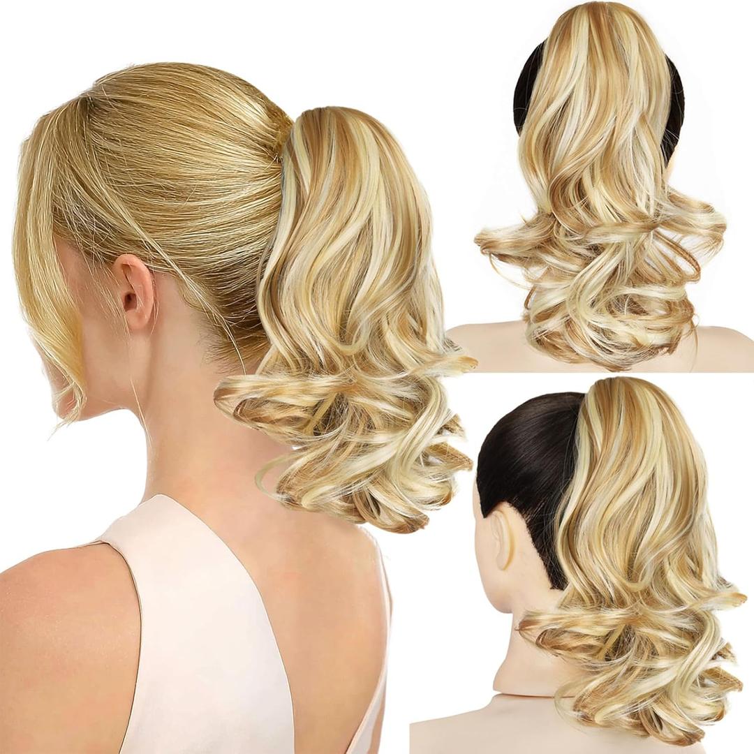 2 x Ponytail Extension, 12 Inch Pony Tails Hair Extensions, Hold Securely, Tangle-Free,Curly Wavy Natural Looking Synthetic Claw Clip Ponytail Extension for Daily Use (Golden Blonde Mix Bleached Blonde Evenly)