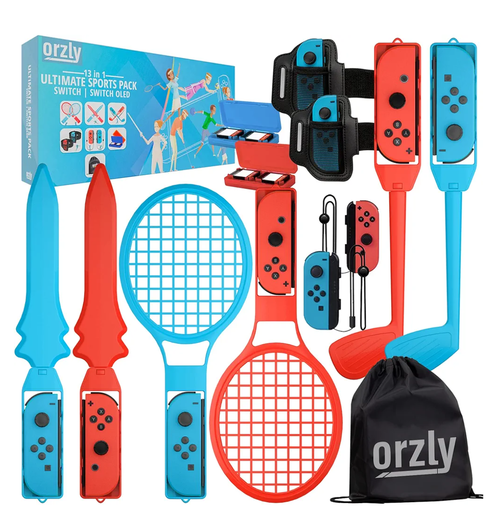 Orzly Switch Sports Games 2024 Accessories Bundle Pack for Nintendo Switch & Switch OLED with Tennis Rackets, Golf Clubs, Chambara Swords, Soccer Leg Straps & Joycon Grips - With Carry Bag