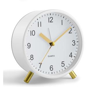 Analog Alarm Clock, 4 inch Super Silent Non Ticking Small Clock with Night Light, Battery Operated, Simple Design, easy setting for Office, Bedroom, Bedside, Desk, teens, elders, kids, adult, White