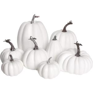 DERAYEE Fall Artificial Pumpkins, White Fake Pumpkins Thanksgiving Decoration Autumn Large Gourds for Halloween Harvest Decor White