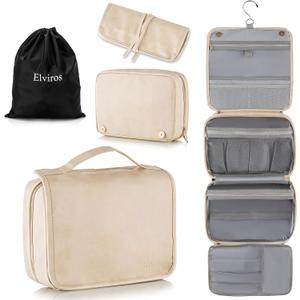 Elviros Hanging Travel Toiletry Bag for Women, 3-in-1 Large Makeup Bag and Cosmetic Organizer, Vegan Leather Waterproof Skincare Case for Travel Size Toiletries and Accessories, Gift for Women (EXP 07/07/26)