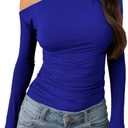 Women's Sexy Off The Shoulder Tops Long Sleeve Spring T-Shirt Slim Fitted Solid Y2K Going Out T Shirts Top Y01 Small (Royal Blue)