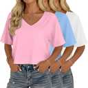 3 Pack Women's Cropped Tops V Neck Half Sleeve Crop T-Shirts Raglan Sleeve Loose Fit Casual Summer Basic Tees (Gray, S)