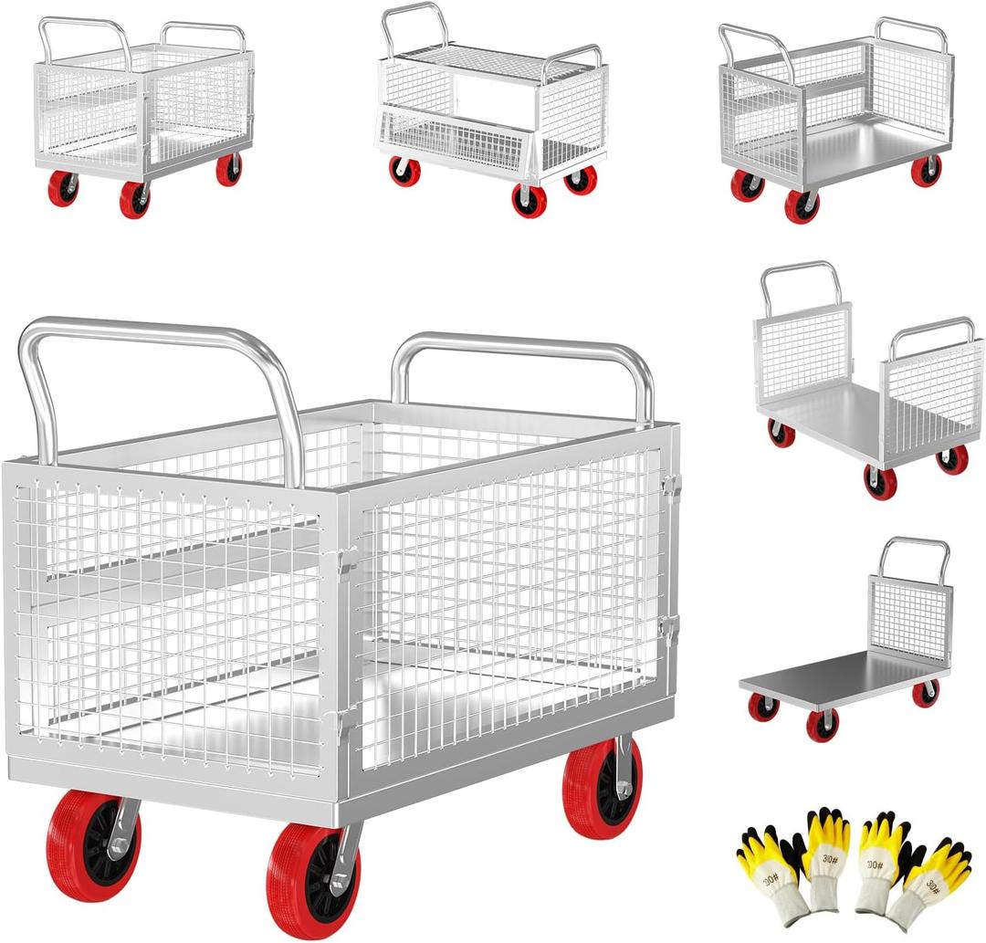 5IN1 Heavy Duty Platform Truck with Cage 44x28 Hand Truck Extra Large Version, 2200lbs Capacity Basket Cart with Wheels, Push Dolly with 6 Swivel Casters, Versatile Flatbed (4428 IN)