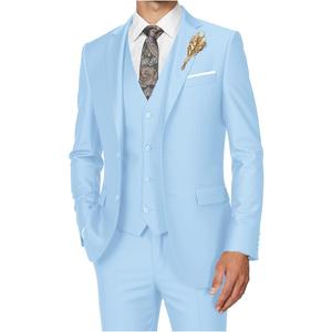 Men's Suits 3 Piece Slim Fit Dress Tuxedo for Men Two Button Solid Jacket Vest Pants Set (Medium, Light Blue)