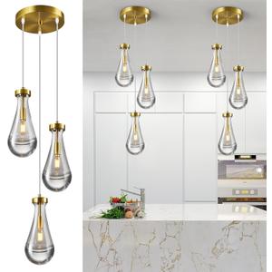 Raindrop Pendant Lights Kitchen Island Teardrop Gold Hanging Light Fixtures Clear Solid Glass Pendant Light Modern Chandeliers for Dining Room Porch Corridor Living Room(3-Light)