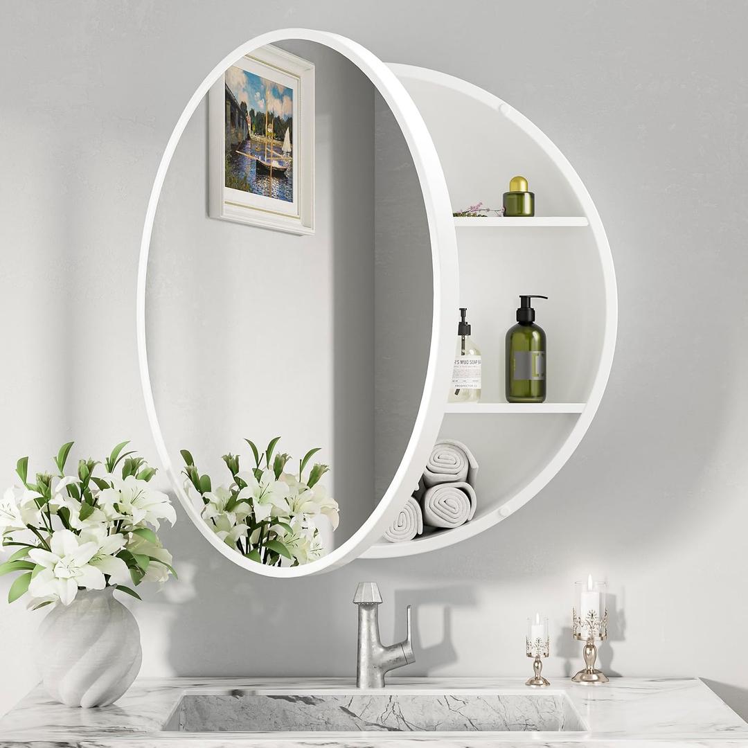 Keonjinn 24 Inch Round Bathroom Medicine Cabinet with Mirror, White Surface Mount Medicine Cabinet, Circular Framehouse Modern Medicine Cabinets, Framed Bathroom Mirror with Storage Wall Mounted