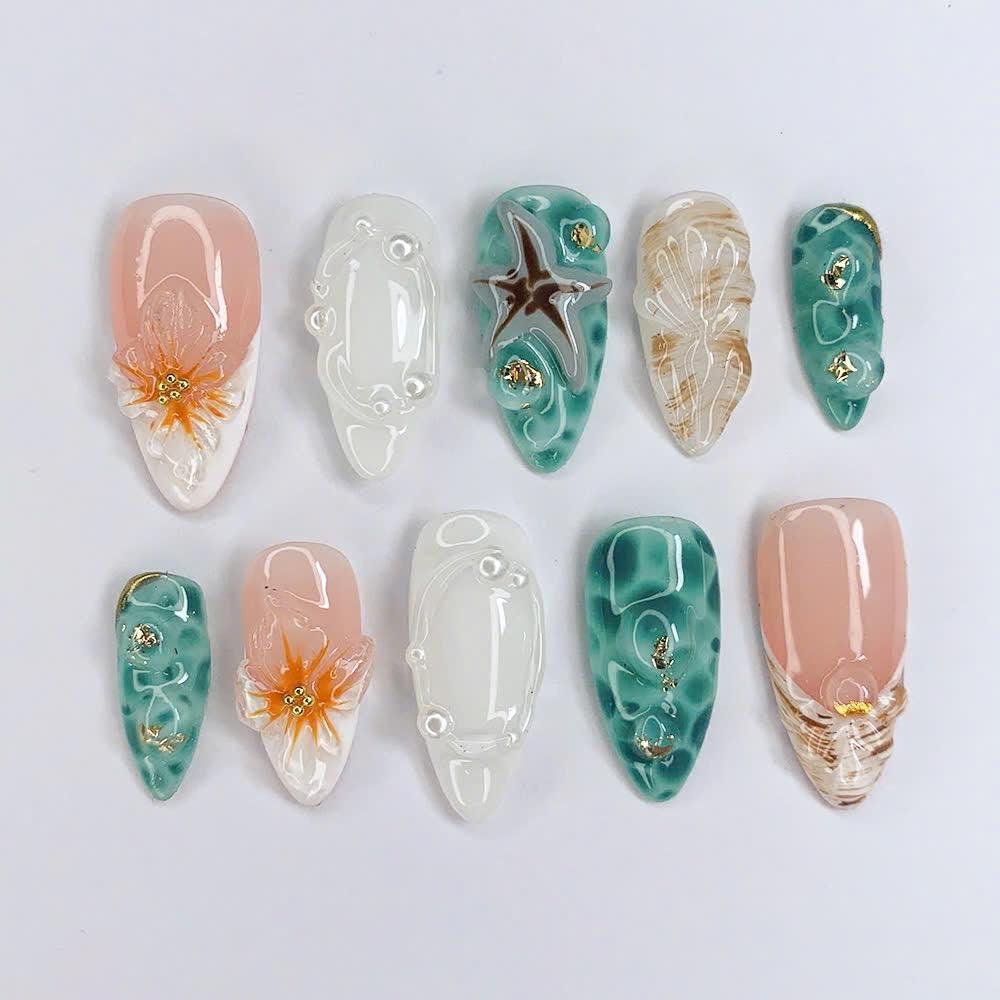 Jelly Seashell Starfish Press On Nails, Soft Gel Almond Nails, Custom Fit for Flat or Curved Nail Beds, Summer Vibes