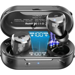 TOZO T12 Wireless Earbuds Bluetooth Headphones Premium Fidelity Sound Quality Wireless Charging Case Digital LED Intelligence Display IPX8 Waterproof Earphones (Dark Black)