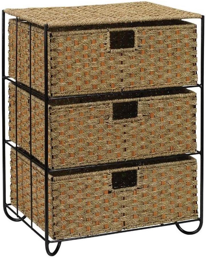 Household Essentials 3 Drawer Wicker Storage Unit, Handwoven Seagrass, Strong Metal Frame with Curved Feet, Durable, Compact,, No Assembly Required, Natural