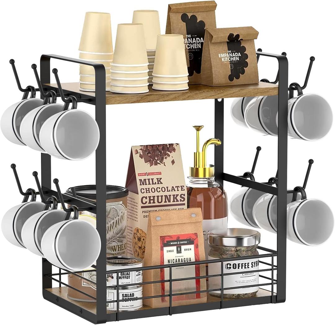 elevate your coffee experience with our 2-tier wooden shelf, the ultimate coffee station organizer and coffee pod holder, featuring a stylish mug tree for your coffee bar accessories.