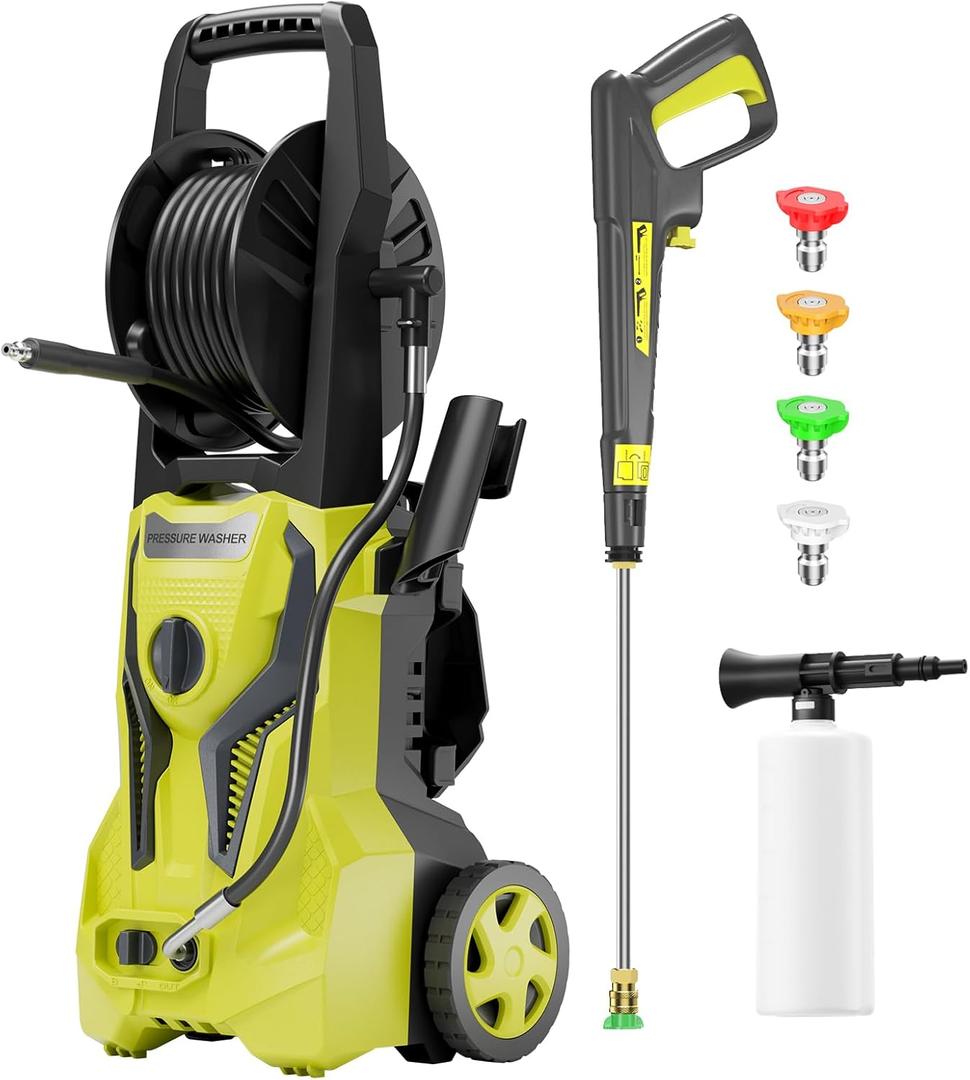 Electric Pressure Washer - 4800PSImax 3.2GPM Power Washer Electric Powered with 25 FT Hose Reel 4 Interchangeable Nozzle & Foam Cannon, for Cars, Patios, and Floor Cleaning, Yellow