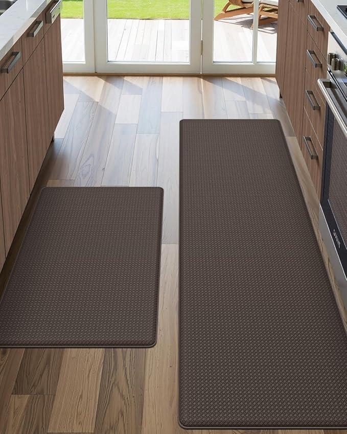 DEXI Kitchen Floor Mats Cushioned Anti Fatigue,17x29+17x59, Standing Runner Rug Waterproof, Comfort Memory Foam Padded for Front Sink Laundry Set of 2, Brown