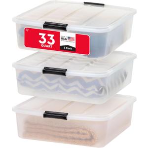IRIS USA 33 Qt Plastic Under Bed Storage Organizer Bin Container with Secure Lids and Durable Black Buckles, 3-Pack, Multi-Purpose for Clothes Shoes Clothing Bedding, Short, Clear