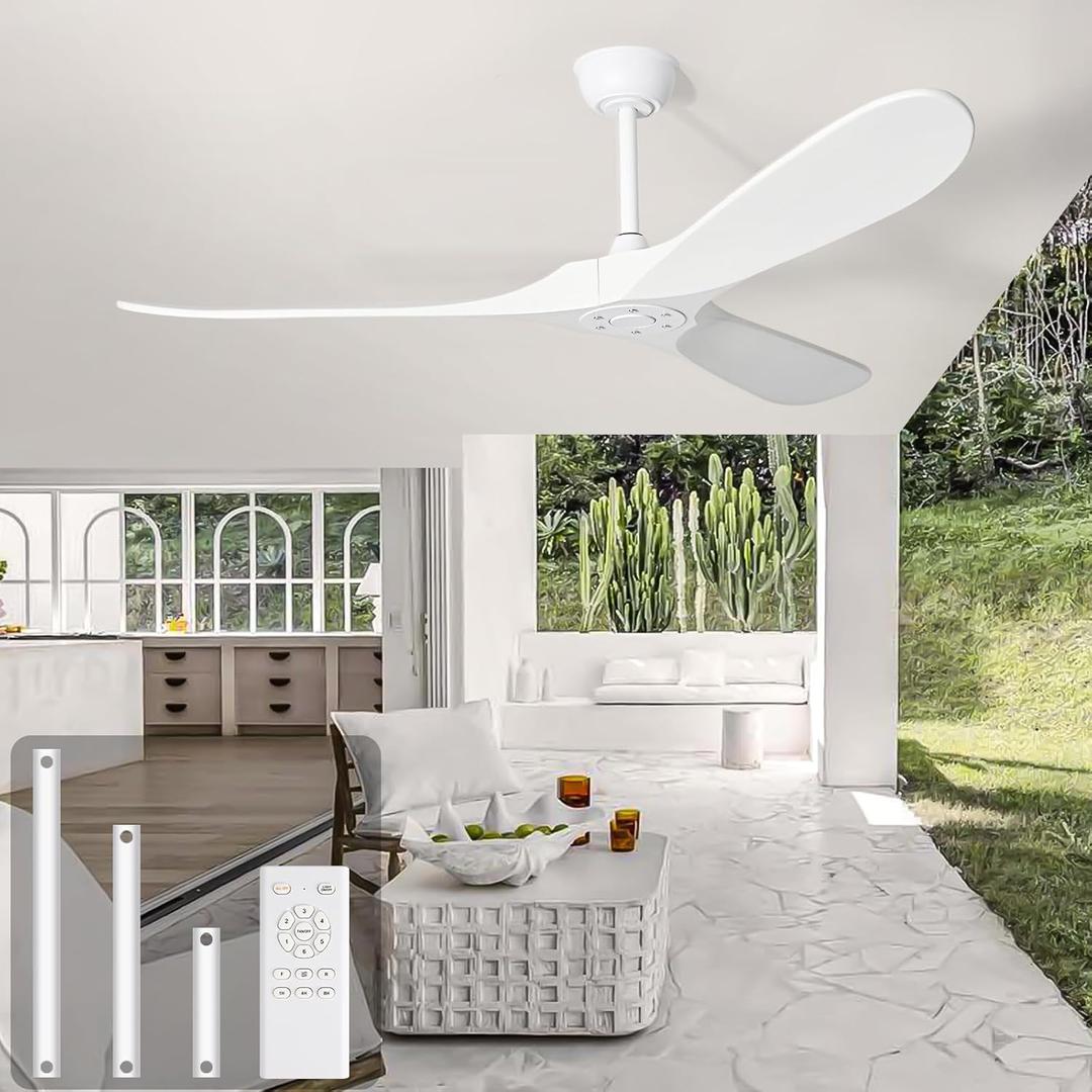 heimo 52 Inch White Ceiling Fan No Light, 3 Blade Wood Indoor Outdoor Ceiling Fans Without Lights for Patios Bedroom Living Room Mid Century Modern Propeller Outside Exterior Wooden Fan with Remote