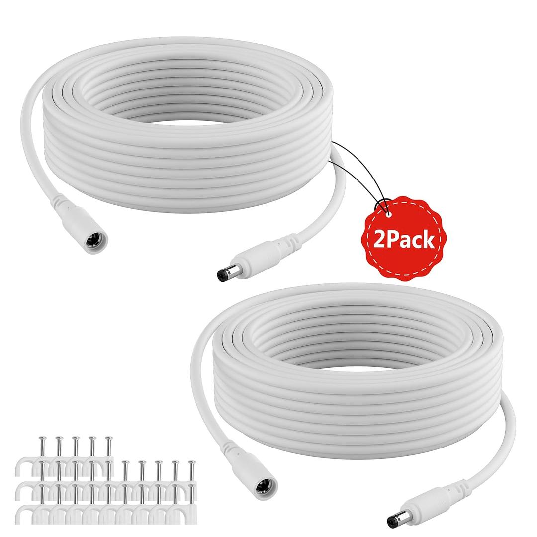 12V DC Power Extension Cable 50 FT (2-Pack), 5.5 mm x 2.1 mm 5521 Male to Female Supply Adapter Cord, Compatible with CCTV Security Camera, IP Network, DVR Standalone, LED Strip, Router, 5V 9V 12V 24V