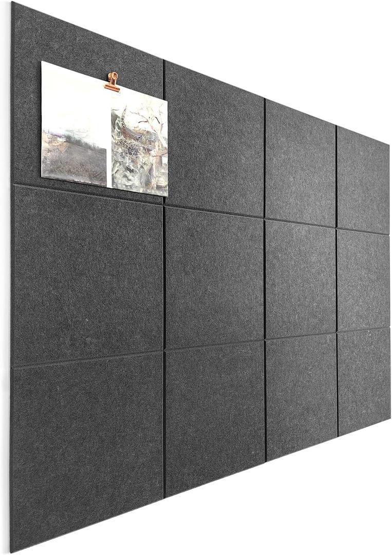 Large Cork Board Alternative - 12-Pack Felt Wall Tiles with Safe Removable Adhesive Tabs, Cork Wall Tiles Bulletin Board Home Office Essentials - (Gray Black)