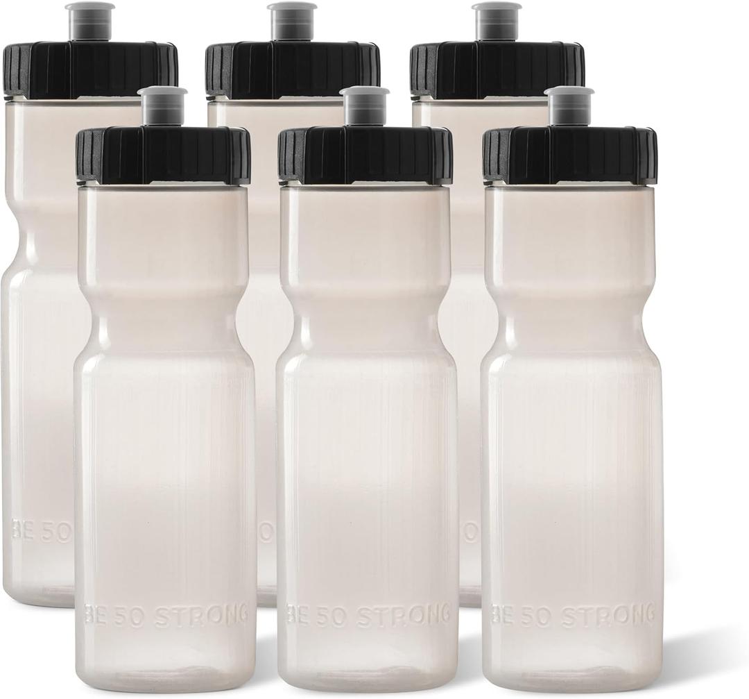 50 Strong Sports Water Bottles Reusable 22 oz BPA-Free Plastic Bottles with Pull Top Cap Made in USA Top Rack Dishwasher Safe Fits Most Bike Cages Brand