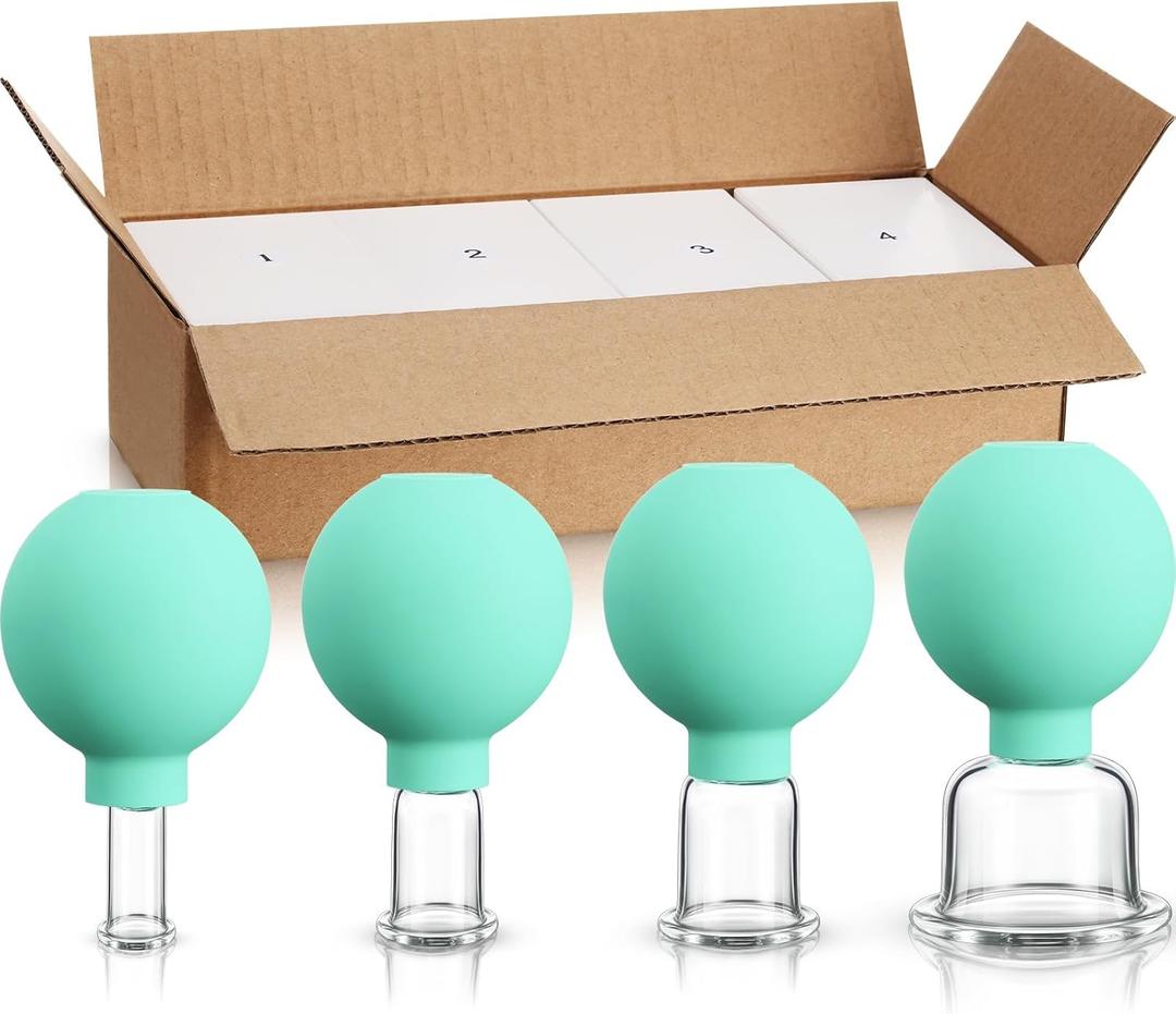 BBTO 4 Pieces Glass Cupping Set Glass Silicone Cupping Cups Massage Vacuum Suction Cupping Cups for Body Face Leg Arm Back Shoulder Muscle and Joint Pain (Mint Green)