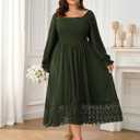 SHESTARR Women's Plus Size Maxi Dress Long Sleeve Square Neck Smocked Flowy A-Line Lace Trim Wedding Guest Dresses (Green, XXXL)