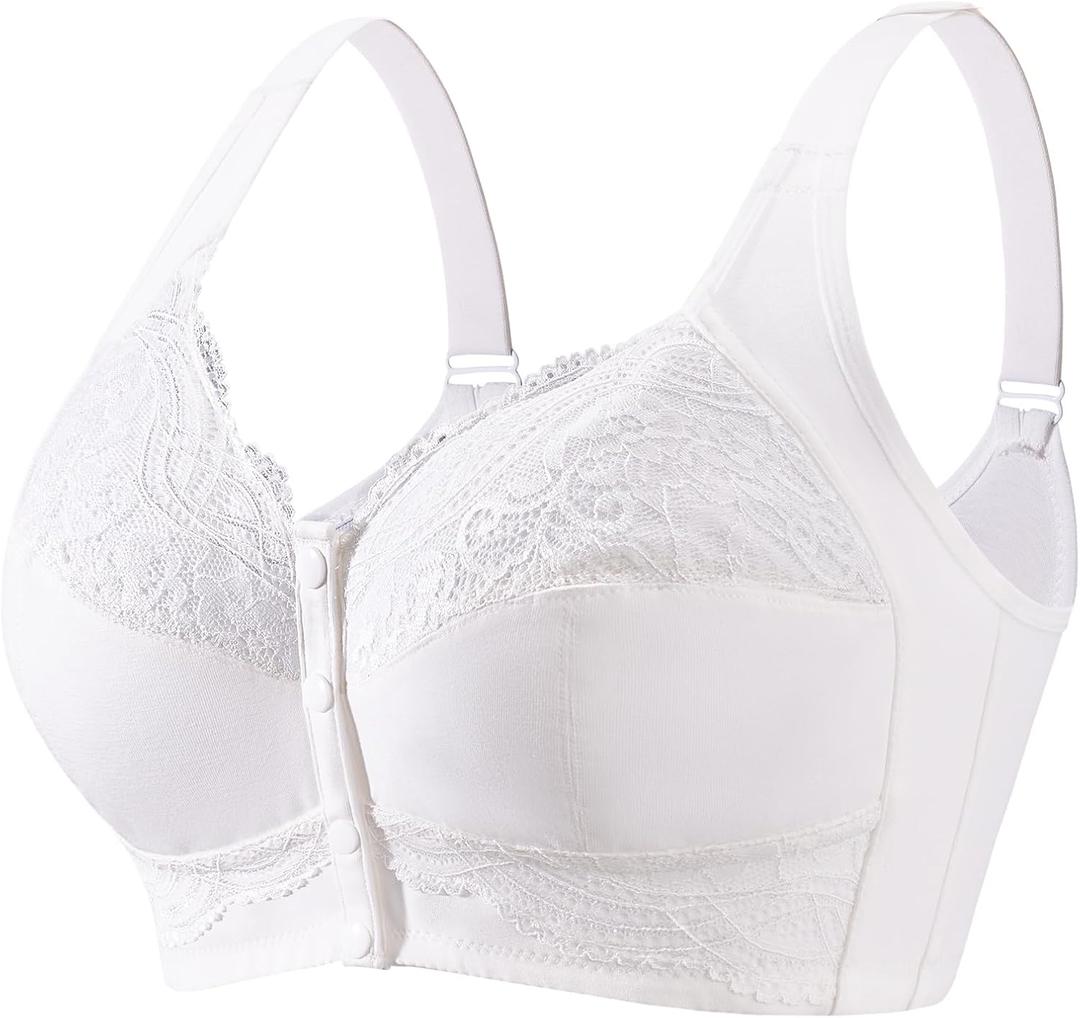 Front Closure Bras for Women No Underwire Plus Size Wireless Comfortable Cotton Sleep Bra for Older Womens Bras (4X-Large, White)
