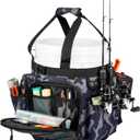 Soulchen Fishing Bucket Organizer with Cover, Ice Fishing Tackle Bag with Rod & Plier Holder, Multi-pockets for 5 Gallon Bucket Gear & Accessories, 34.2 x 11 Inch(Camouflage)