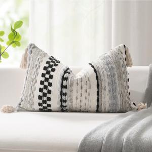 Kevin Textile Spring 12x20 Inch Lumbar Throw Pillow Cover 1 Pack Boho Decorative Soft Chenille Thread Woven Tufted Textured Rectangle Cushion Case Accent for Living Room Couch Sofa Bed, Black