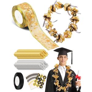 Extpro 10 Sets Graduation Candy Lei Making Kit, DIY Candy Lei Tubing Include 49ft Candy Lei Bags 147.6ft Ribbon 300Pcs Flower Pieces 10 Sheet Stickers for Graduation Congrats Celebrating Party (Gold)