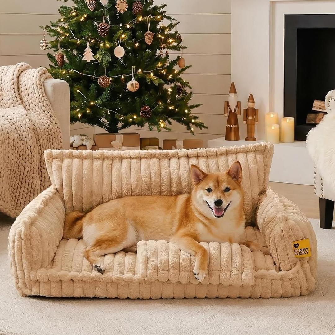 FUNNY FUZZY Dog Bed for Medium Large Dogs - Orthopedic Pet Beds, Fluffy Dog Sofa with Removable Washable Cover, Supportive Foam Pet Couch Bed - Snoozy Dream, Camel, XL
