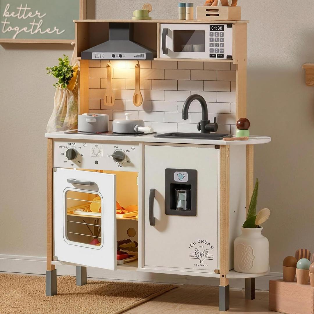 Tiny Land Play Kitchen for Kids, Wooden Kids Play Kitchen Playset Chef Pretend Play Set for Toddlers with Real Lights & Sounds, Toys Kitchen with 18 Pcs Toy Food & Cookware Accessories