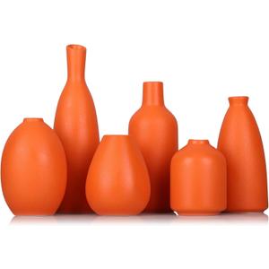 Orange Ceramic Bud Vases Set of 6, Modern Boho Home Dcor for Living Room, Shelf, Mantle & Fireplace, 3.77.6 Matte Minimalist Vases for Kitchen, Bathroom, Office, Small Flower Vases, Gift Ready