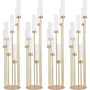4Sets Floor Candelabra Tall 7 Arm Centerpieces for Wedding , 48" Tall Metal Candlestick Holders with Acrylic Lampshade for Home Party Decor Fit LED Taper Candles candelabros para centros de mesa (Gold)