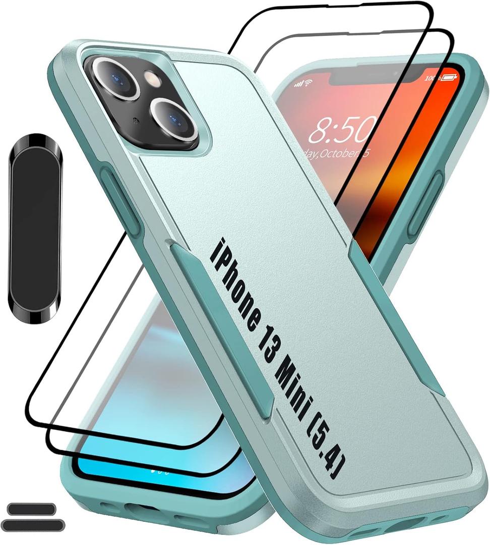 for iPhone 13 Mini 5.4 Inch Double Layer Hybrid Military Grade Rugged Shock Resistant Drop Case with 1 PCS Magnetic Car Mount and 2 PCS HD Tempered Glass Screen Protector (Green)