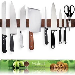 Premium 24 Inch (Large Size) Dark Walnut Wood Magnetic Knife Holder  Professional Wooden Magnetic Knife Strip - Space-Saving Knife Rack/Knife Bar With Powerful Magnetic Pull Force (Upgraded Version)