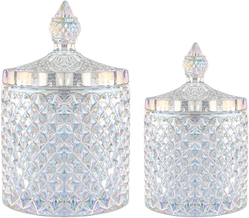 R FLORY 2 Pack Qtip Holder Glass Apothecary Jars with Lids Bathroom Storage Organizer for Cotton Swabs, Balls, Pads, Floss Picks, Vanity Storage Containers for Makeup, Candy, Jewelry (10+24oz, Dazzle)