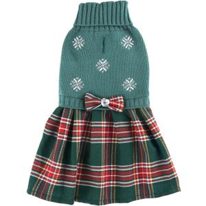 Green Embroidery Snowflake Chihuahua Christmas Sweater, Ugly Holiday Festive Plaid Christmas Dog Sweater Dress for Small Dogs Girl, Cat Outfit Small (S) Back Length 12"