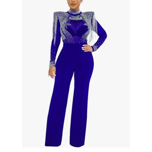 Molilove Women's Sexy Jumpsuit Elegant Long Sleeve Bodycon Sheer Mesh See Through Rhinestone Casual Loose Jumpsuits, M