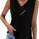 Sampeel Tank Top for Women Summer Button Down V Neck T Shirts Sleeveless Loose Fit Fashion Tops 2026 (Black, L)