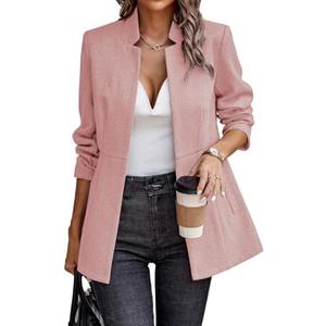 ELLEVEN Blazers for Women Business Casual Open Front Suit Jacket Herringbone Long Sleeve Stand Collar Work Blazer for Office with Full Lining and Padded Shoulders Light Pink Small