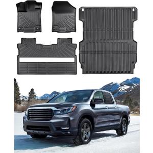Floor Mats & 5.3FT Truck Bed Mat for Honda Ridgeline 2017-2024 2025 2026, All Weather Protector Heavy Duty TPE Rubber Waterproof Anti-Slip Tech Car Interior Accessories 2018 2019 2020 2021 2022 2023