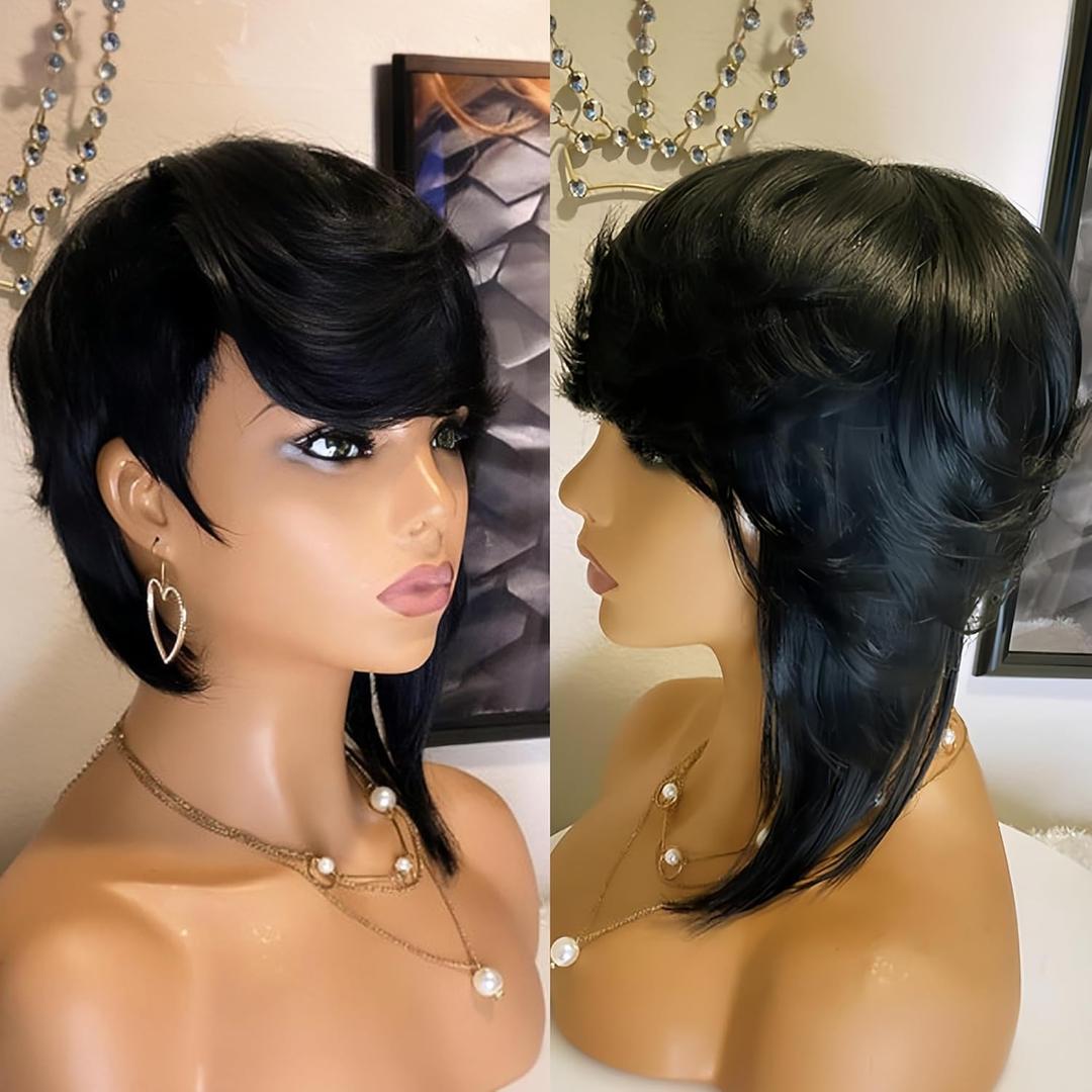 SisBroSis10A Short Pixie Cut Human Hair Wig Model Length Straight Human Hair Wigs Glueless Full Machine Made Side Part Short Layered Haircut Pixie Wig With Bangs Natural Black Color (Black) 