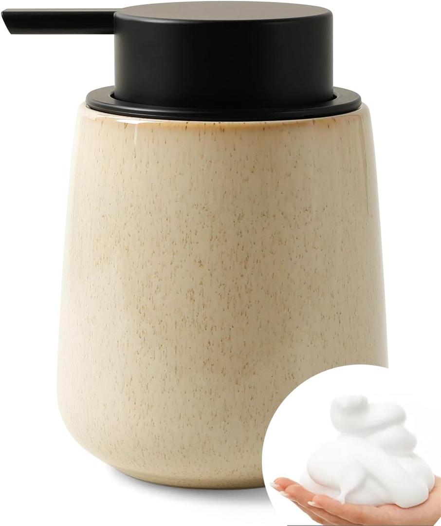 BosilunLife Foam Hand Soap Dispenser - 12 oz Bathroom Hand Pump Dispenser Foaming Soap Dispenser Ceramic Dish Liquid Dispenser for Kitchen, Greige with Speckle