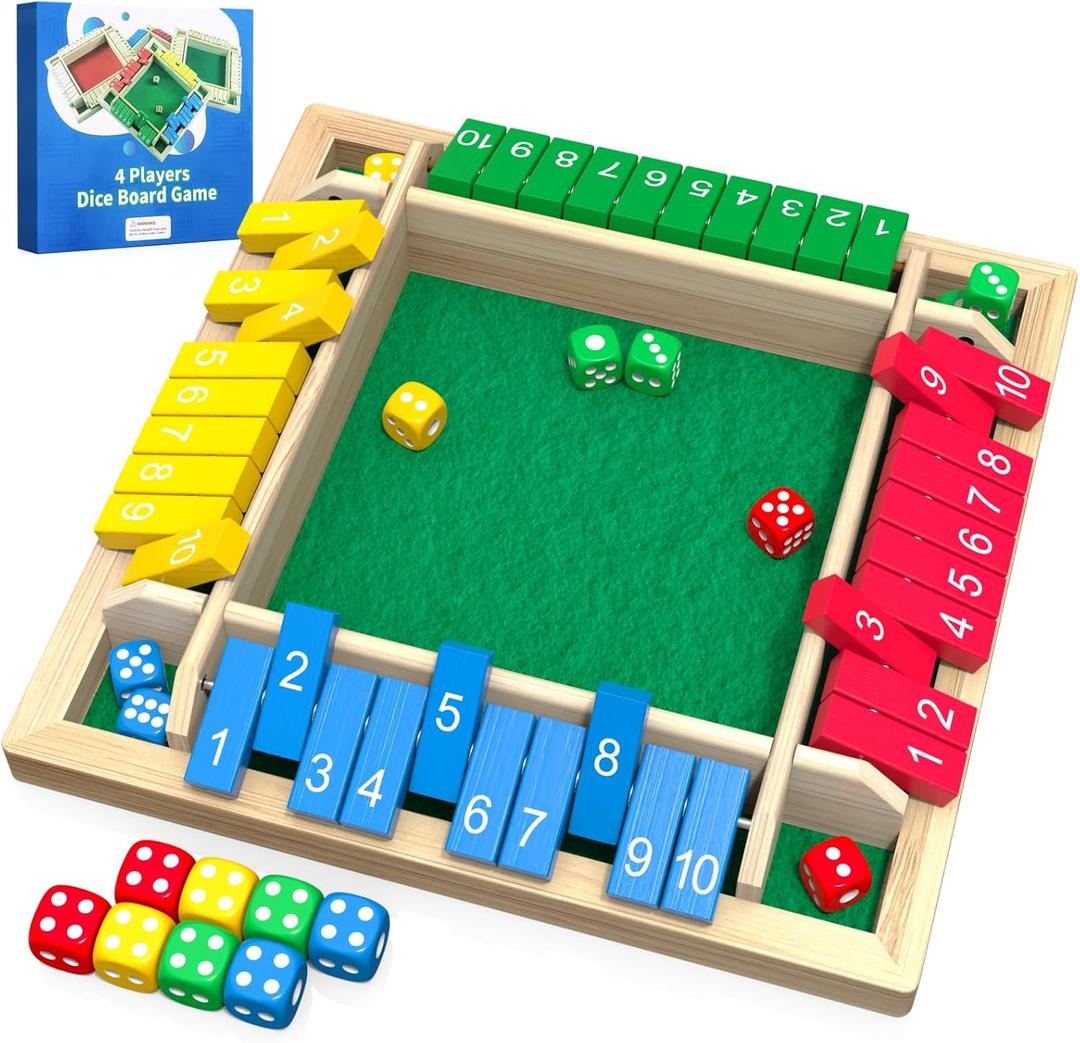 Shut the Box Game, Wooden Board Tabletop Dice Game for 2-4 Players & Kids Adults, a Fun Math Learning Toy for Family Game Night - an Ideal Made from Non-Toxic Wood, Child-Safe