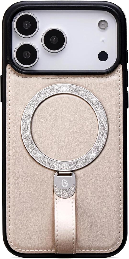 for iPhone 17 Pro Case Leather Glitter | iPhone 17 Pro Leather Case with Sparkly Shiny Stand Cute Women | Fits for MagSafe (Beige, IP17 Pro)